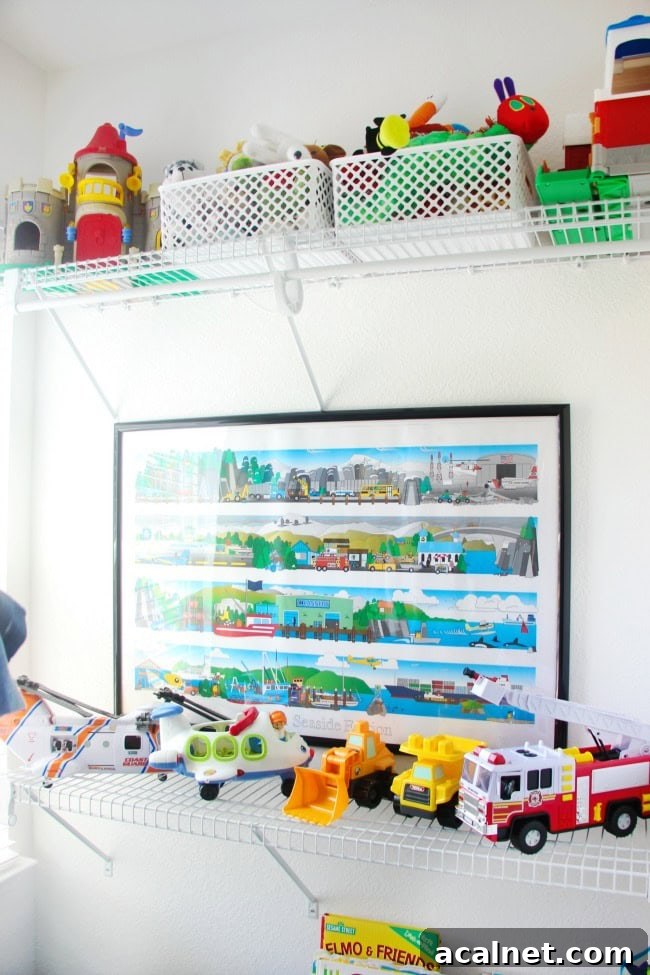 vehicle toys on shelf in creative toddler bedroom