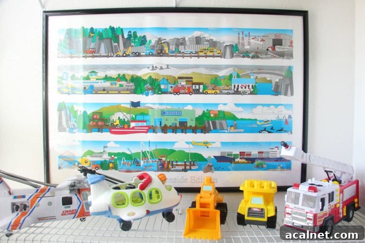 vehicles wall decor in toddler bedroom closet