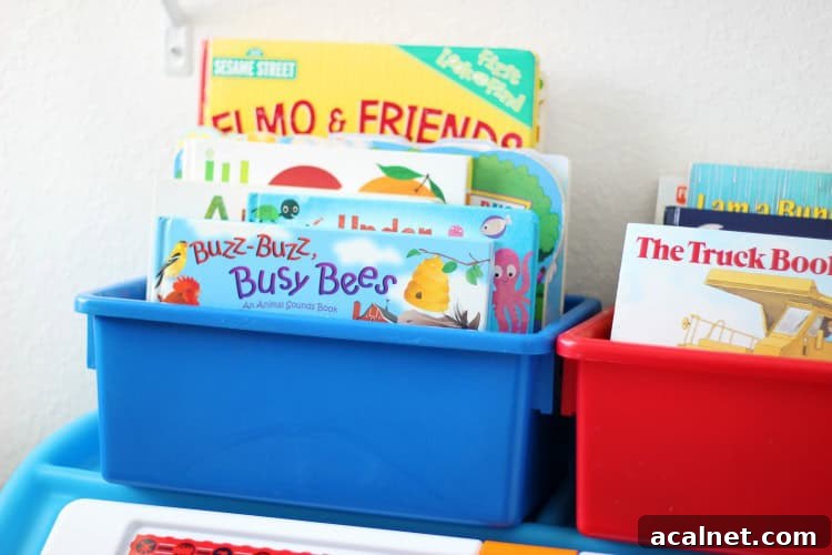 book bins in toddler bedroom