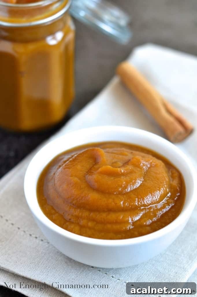 Homemade Slow Cooker Pumpkin Applesauce Recipe 3 Slow Cooker Applesauce with pumpkin and pumpkin spices served in a small white bowl with a cinnamon stick and a jar of slow cooker applesauce in the background