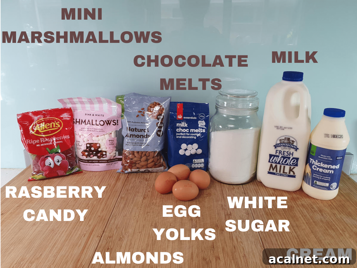 Rocky road ice cream ingredients, raspberry candies, mini marshmallows, almonds, milk chocolate, egg yolks, white sugar, thickened cream.