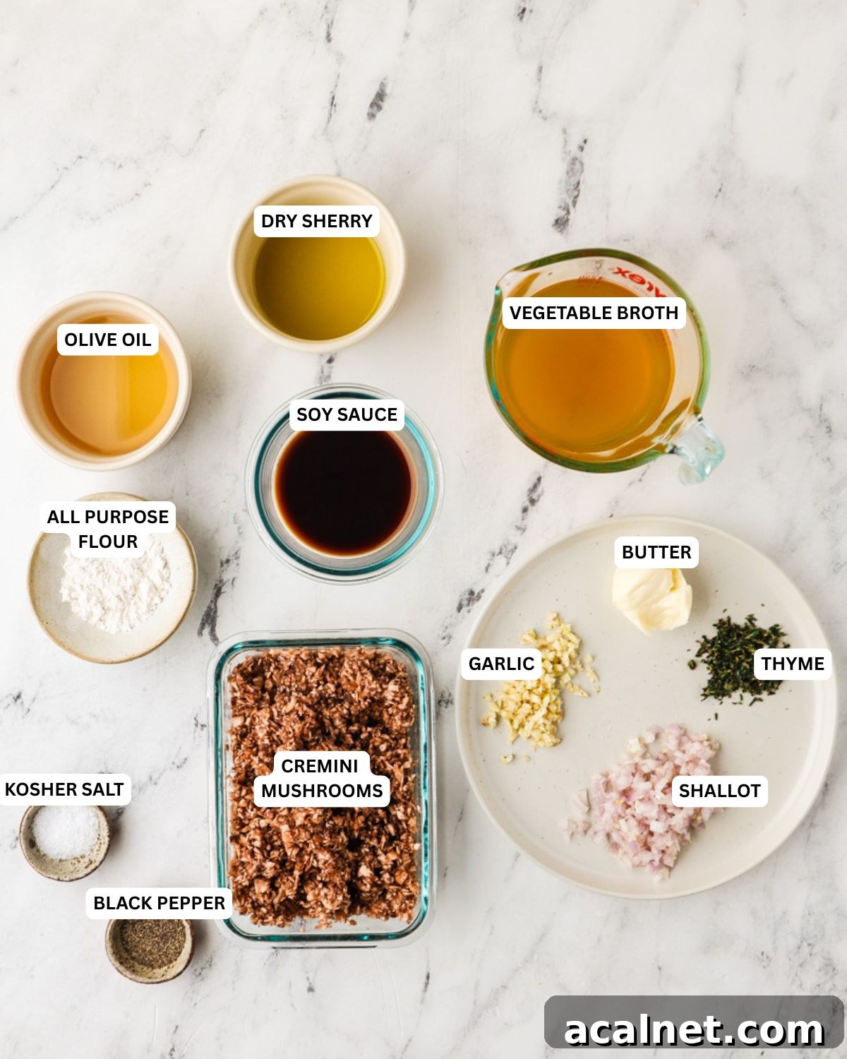 Overhead view of ingredients for vegan mushroom gravy.