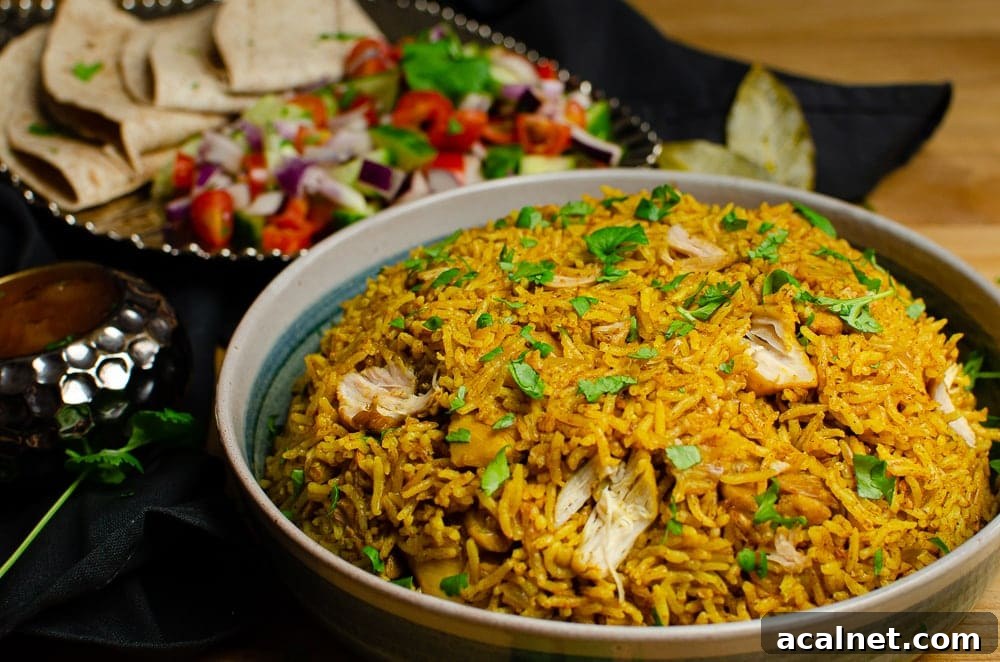 Pressure cooker Chicken Biryani served in a green bowl with chopped coriander on top, salad and mango chutney served on the side