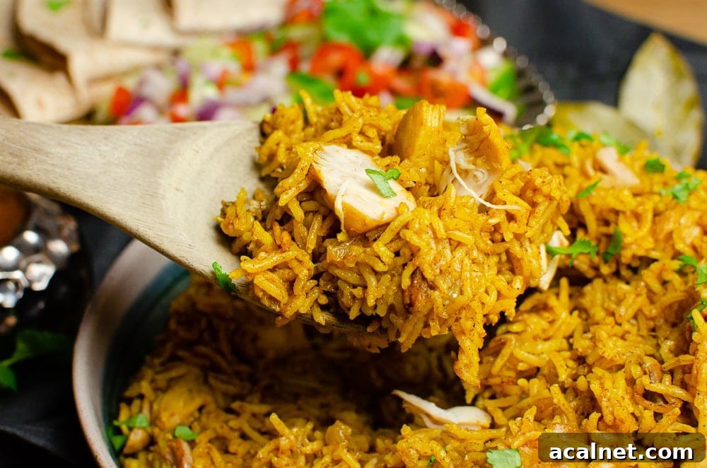 Chicken biryani being served up with a wooden spoon