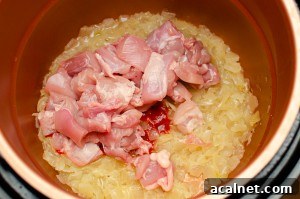 Chicken and chilli puree being added to the pressure cooker pot