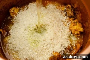 Rice and vegetable stock being added to the pressure cooker pot