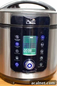Picture of a pressure cooker King Pro with lid closed down and on pressure cook setting with 8 min timer