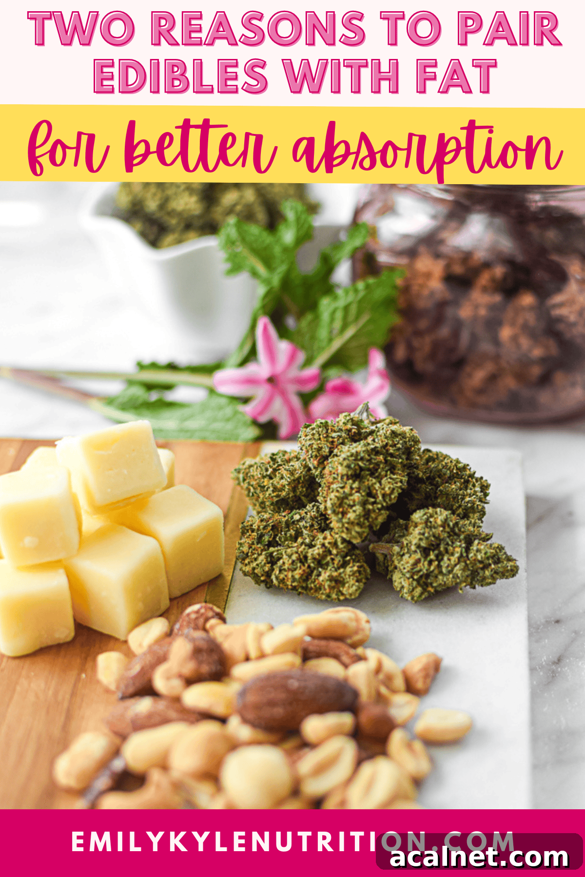 A picture of cannabis buds with high fat foods like cheese and nuts with text that says: Pair Edibles with Fat