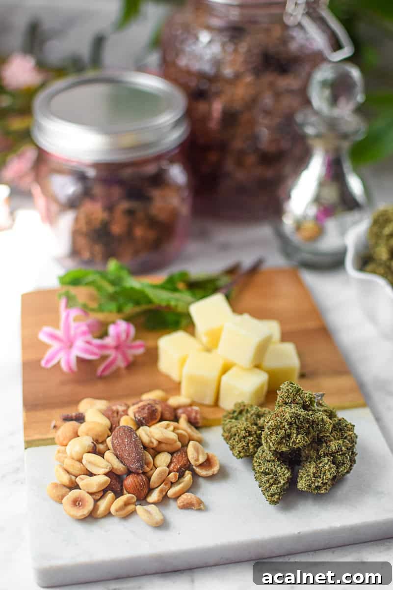 A picture of cannabis buds with high fat foods like cheese and nuts.