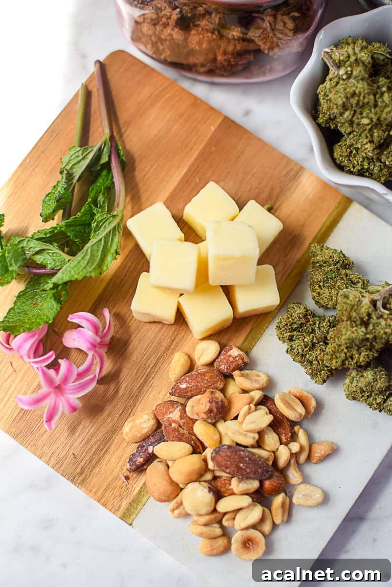 A picture of cannabis buds with high fat foods like cheese and nuts.