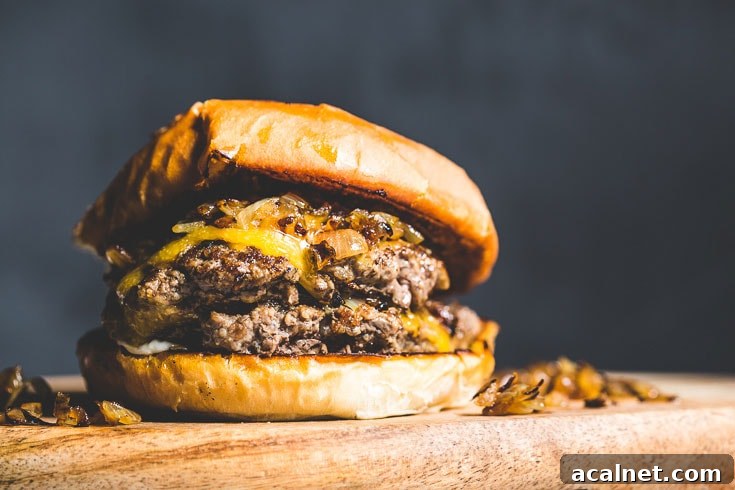 Crispy Flat-Top Cheeseburger Recipe with Caramelized Onions 6 flat top cheeseburger horizontal close up