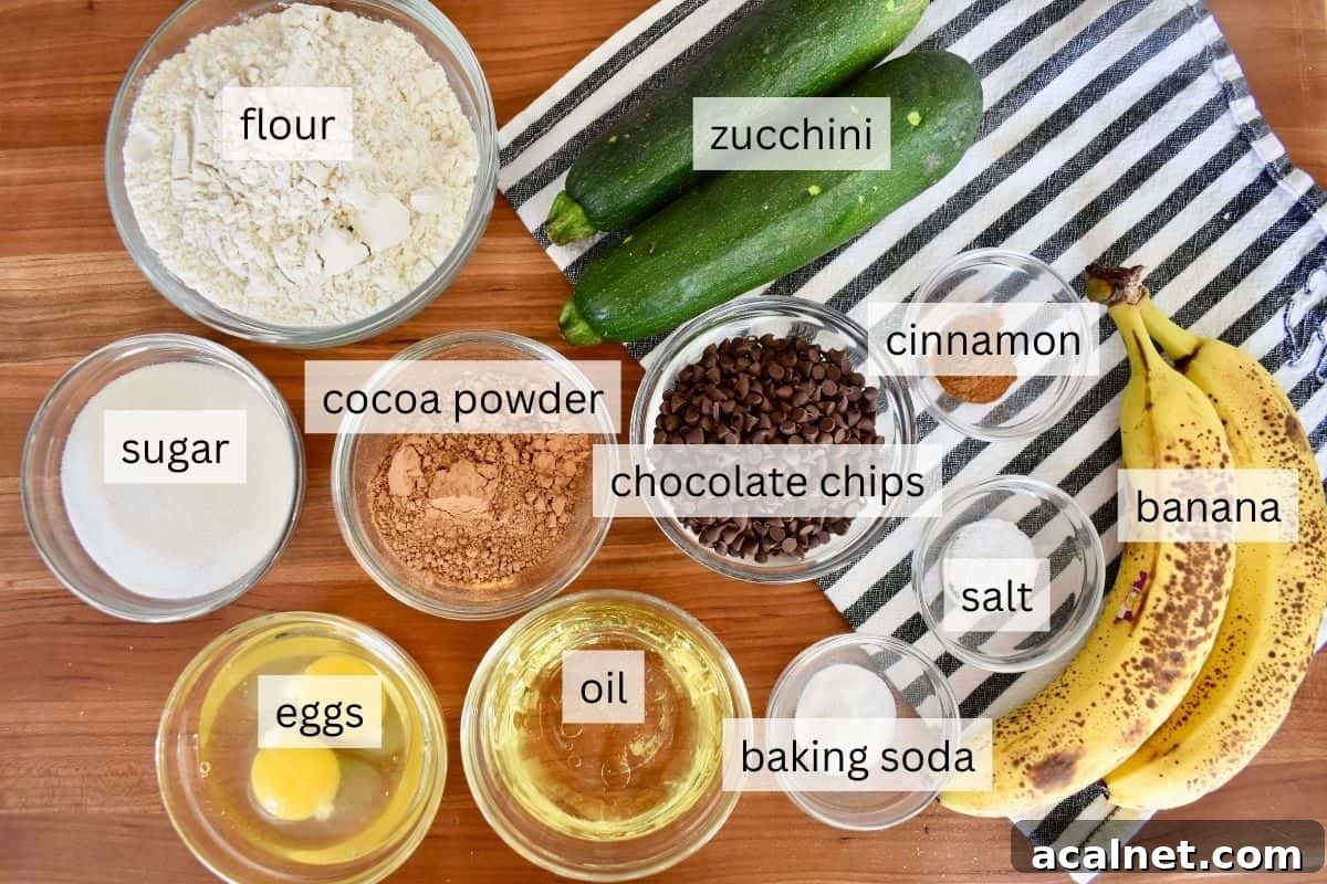 Chocolate Zucchini Banana Bread Recipe: Moist Loaf with Cocoa and Banana 4 Ingredients for recipe include flour, eggs, cocoa powder, and oil.