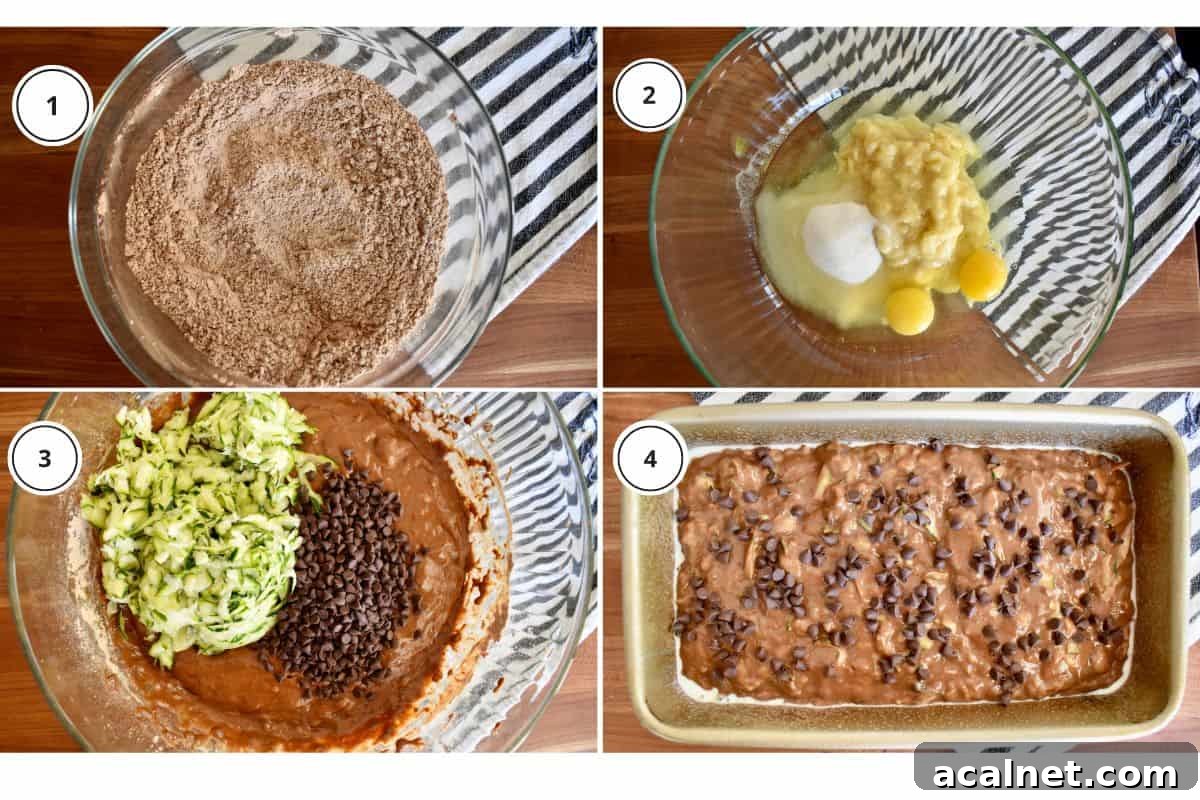 Chocolate Zucchini Banana Bread Recipe: Moist Loaf with Cocoa and Banana 5 Process shots showing how to make recipe including mixing drying ingredients and wet, and pouring the batter into a loaf pan.