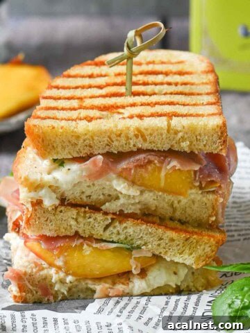 Peach panini stacked on del paper with basil and peaches in the background.