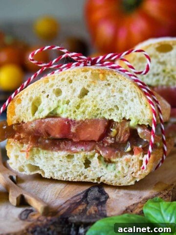 Heirloom tomato sandwich cut open on a wooden board with a red and white string holding it together.