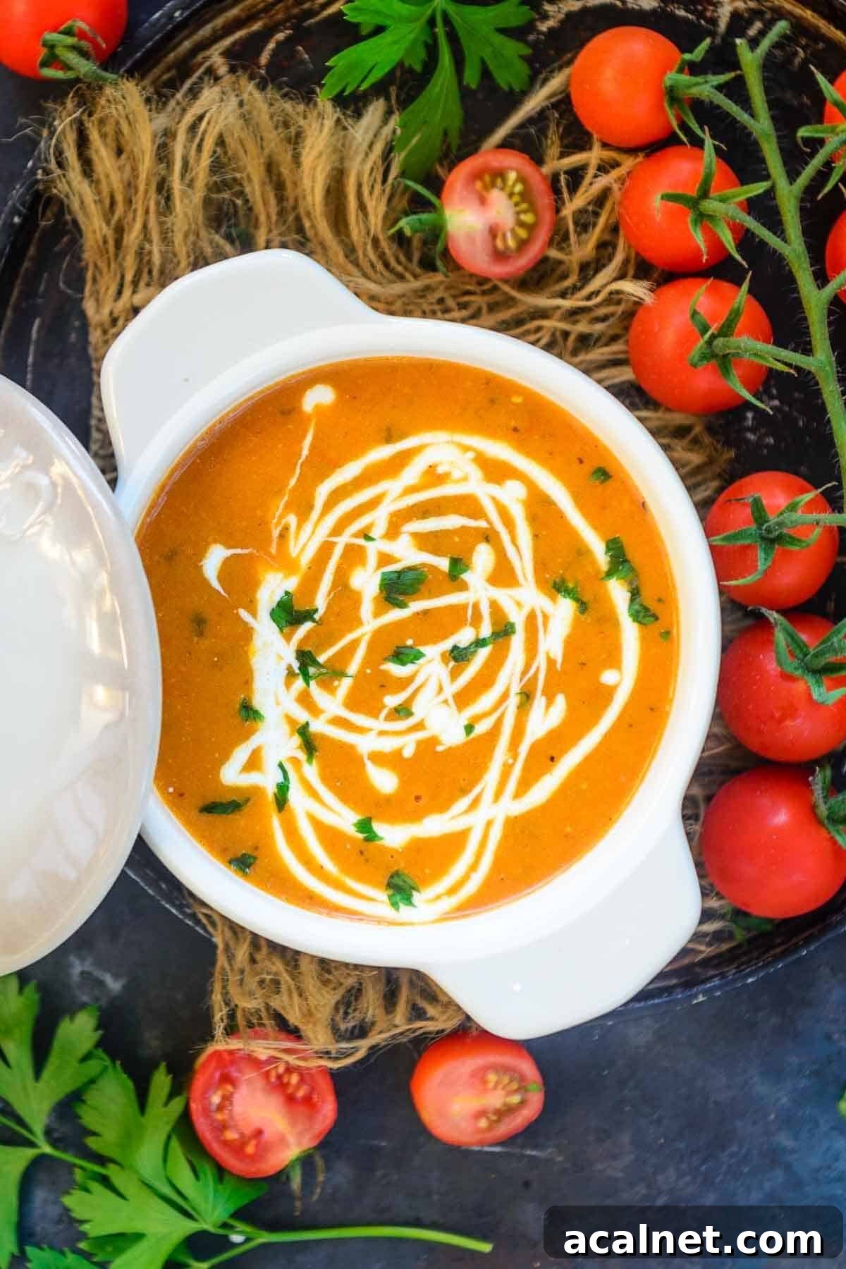 Tomato basil bisque served in a bowl.