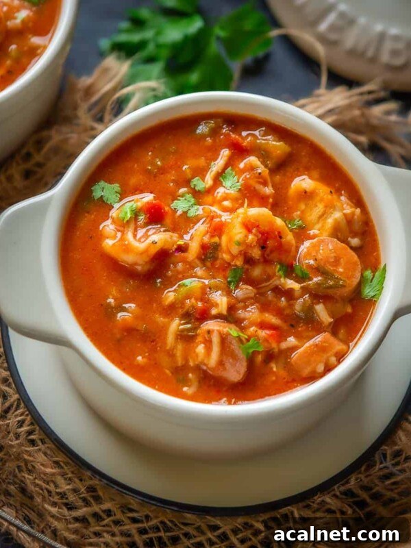 Jambalaya Soup served in a bowl.