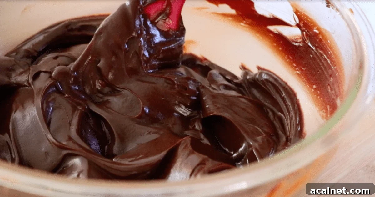 The thicken dark chocolate ganache in a bowl.