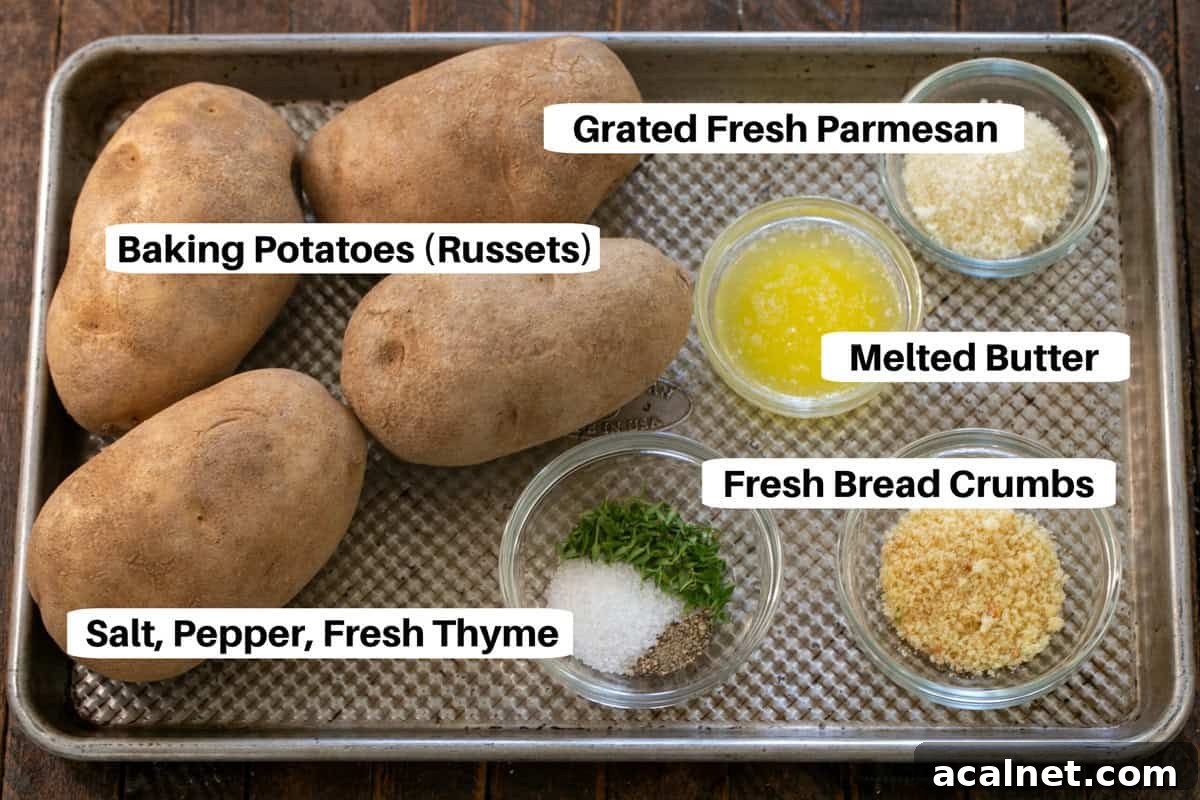hasselback potatoes ingredients with labels on a sheetpan.