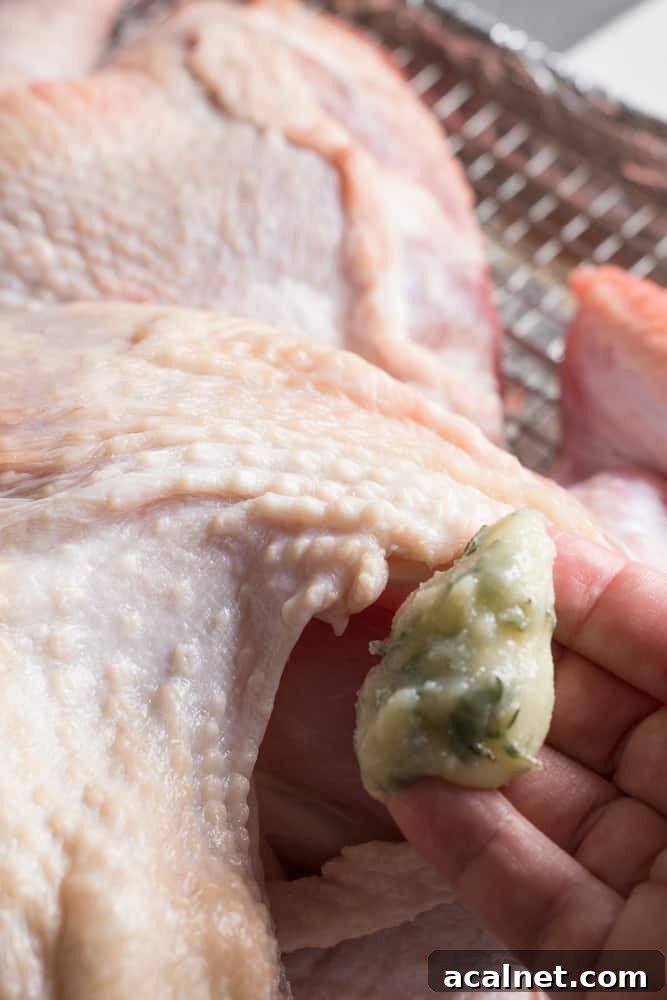 Spatchcocked Whole Turkey Smoked on a Traeger Grill 8 Herbed ghee in a hand next to a raw turkey