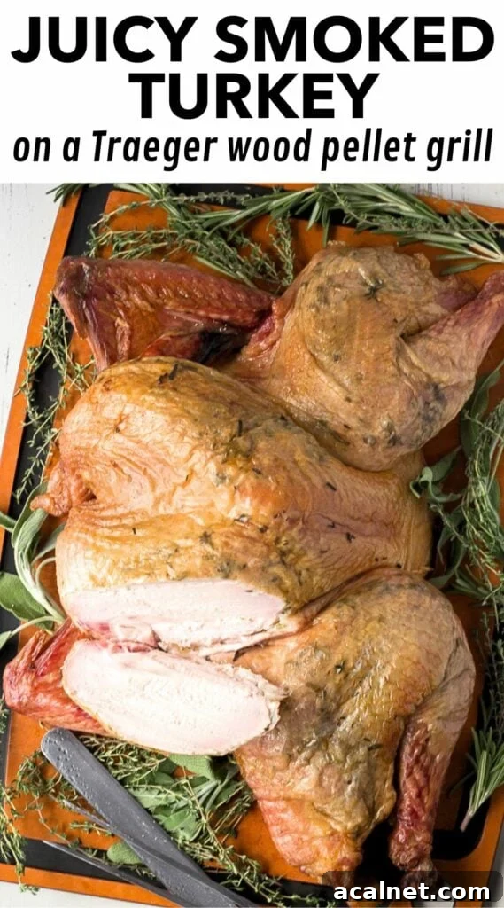 Spatchcocked Whole Turkey Smoked on a Traeger Grill 12 pin for a whole smoked turkey recipe, with a top down picture of a smoked turkey on a wood cutting board and text in black on a white background at the top that reads "juicy smoked turkey on a Traeger wood pellet grill".