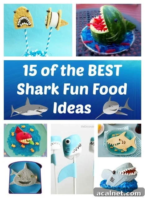 A collage of images of different shark-themed food items