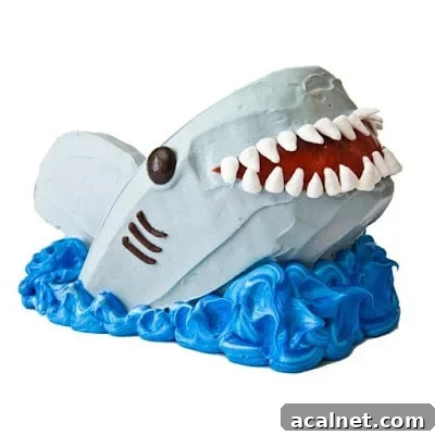 A blue-frosted cake with wave patterns and a large shark decoration made of cake on top
