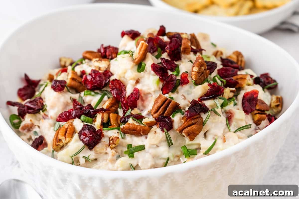 A bowl of cranberry and pecan chicken salad.