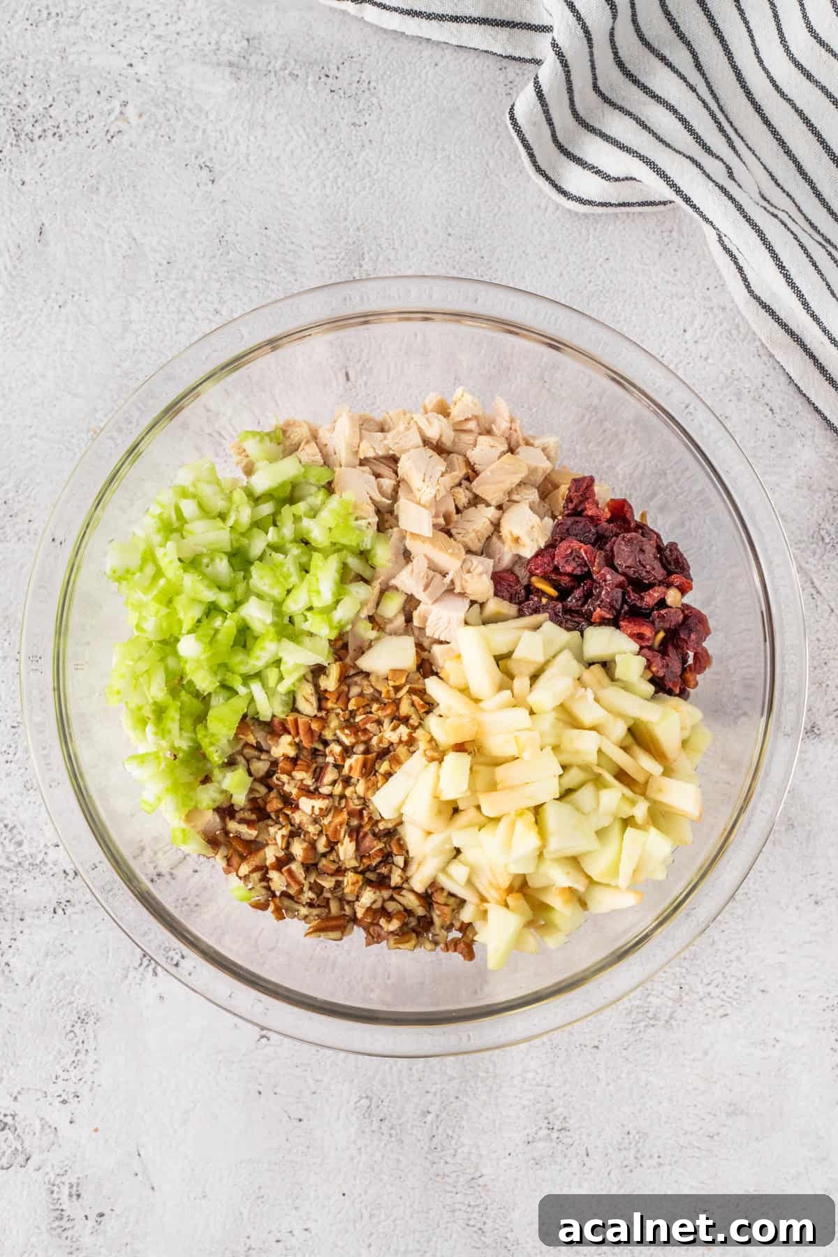 Some chopped up celery, pecans, chicken, and apples in a mixing bowl.