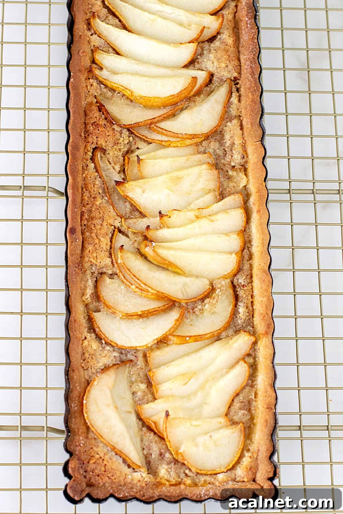 Long baked almond pear tart on a gold colored wire rack.