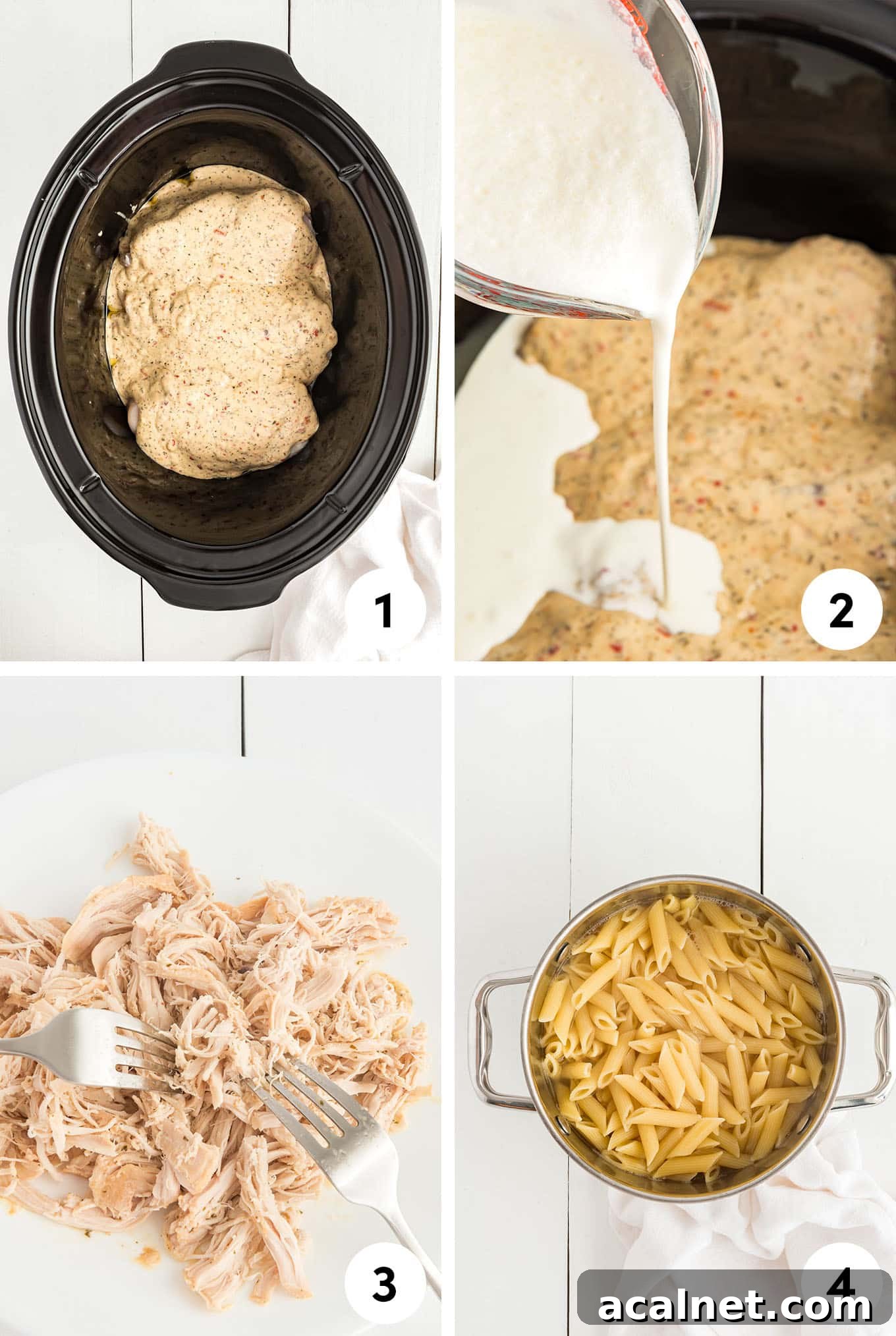 4-photo collage of the chicken, sauce and pasta. 