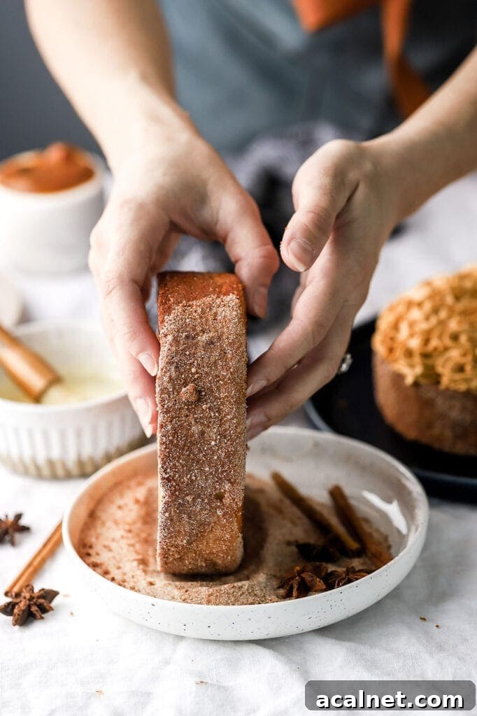 Apple Cider Donut Cake with Dulce de Leche Frosting — Autumn Dessert 4 cake rolled in cinnamon sugar mixture
