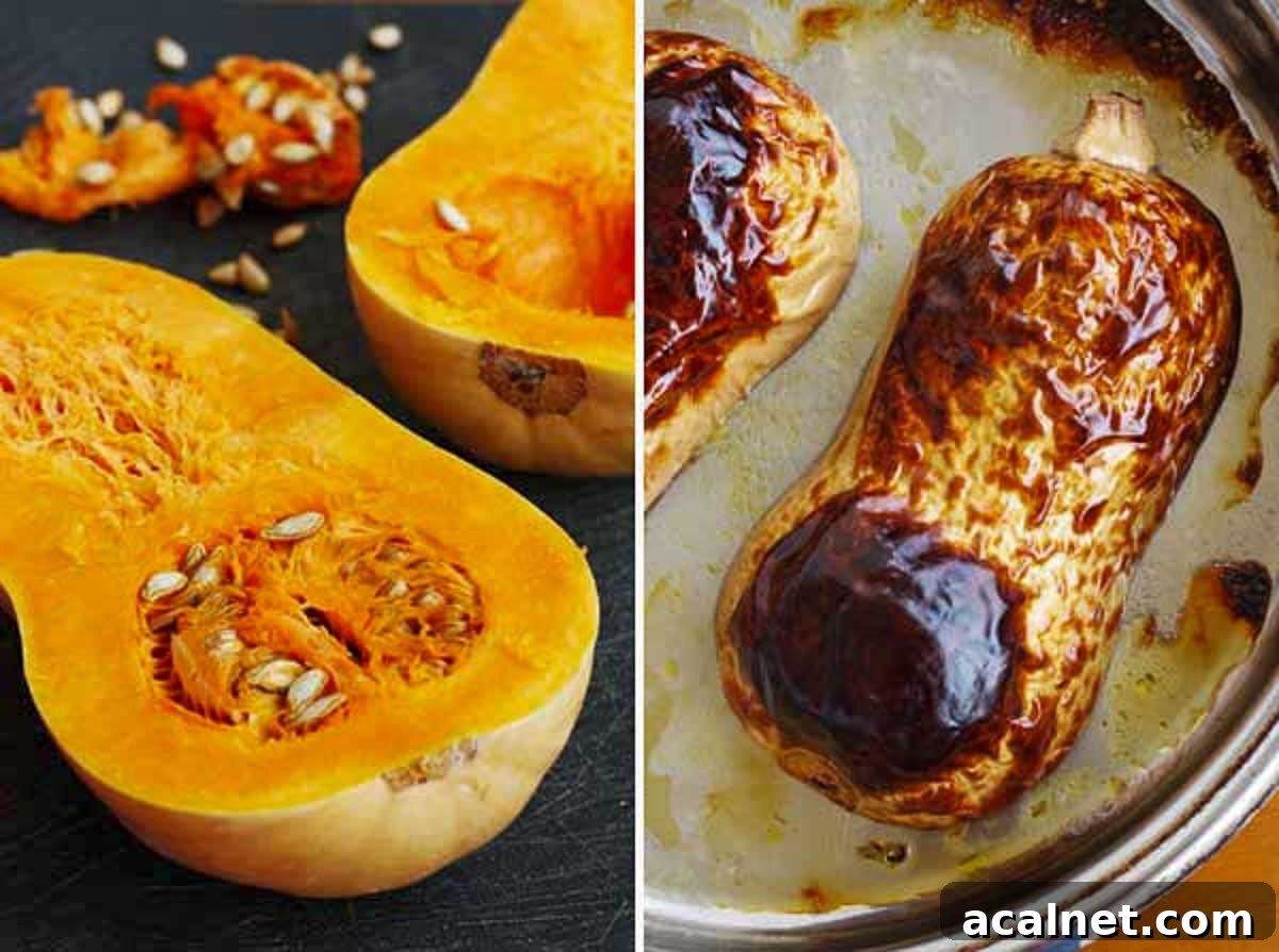 Creamy Roasted Butternut Squash and Tomato Soup Recipe 4 Collage of 2 images showing closeup of 2 butternut squash halves, and then face down roasted in a roasting pan.