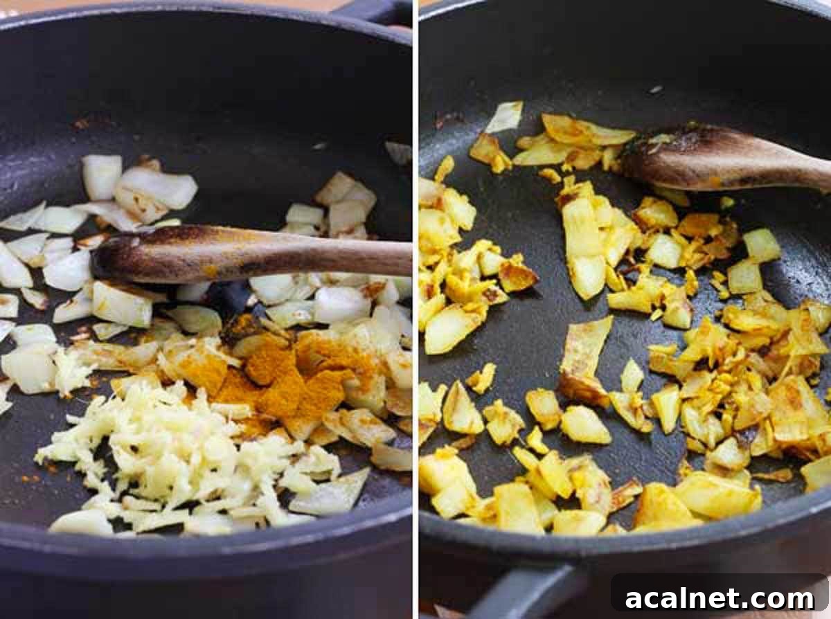 Creamy Roasted Butternut Squash and Tomato Soup Recipe 5 Collage of images showing someone stirring chopped onions, turmeric and garlic in a pan, and then with it all mixed together.