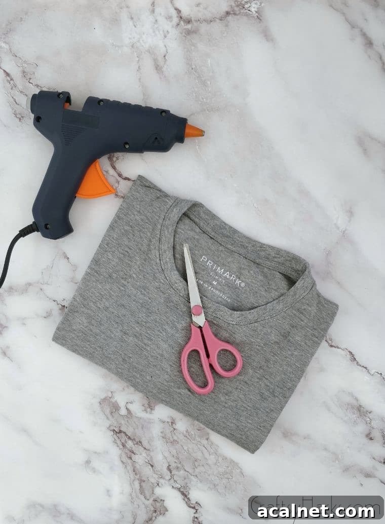 glue gun, scissors, and tshirt