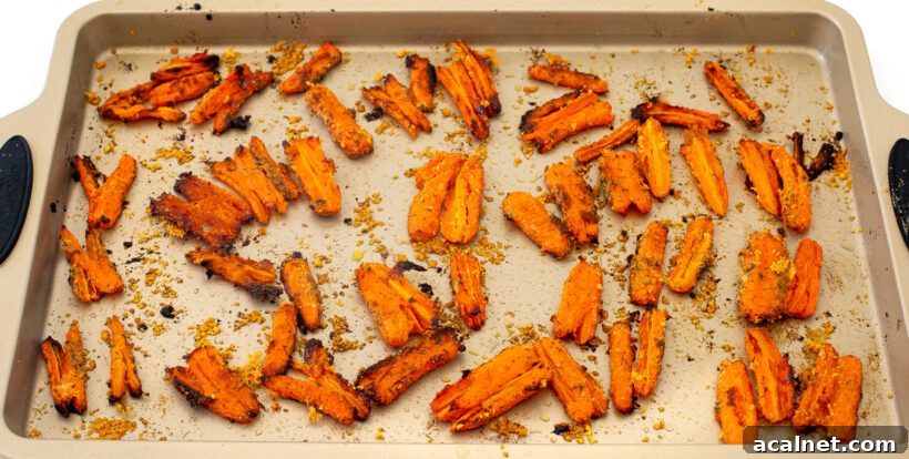 Ranch carrots after being baked and still on the baking sheet. 