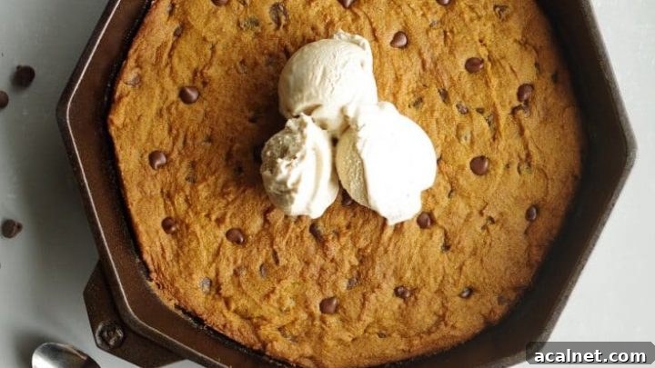 top view of gluten free pumpkin chocolate chip skillet cookie