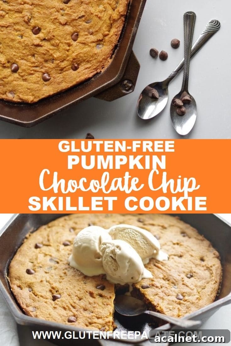 a pinterest pin with two photos of a pumpkin chocolate chip skillet cookie in a cast iron skillet with the words gluten-free pumpkin chocolate chip skillet cookie in text in the center