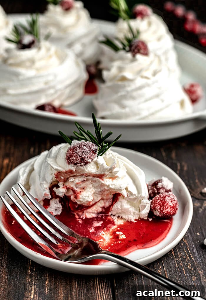Cranberry Curd Pavlovas: Tart & Creamy Meringue Dessert 4 Mini Pavlovas with Cranberry Curd and Sugared Cranberries