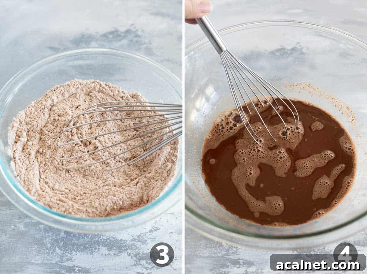Mixing dry ingredients for German Chocolate Cake and melting chocolate in hot water.