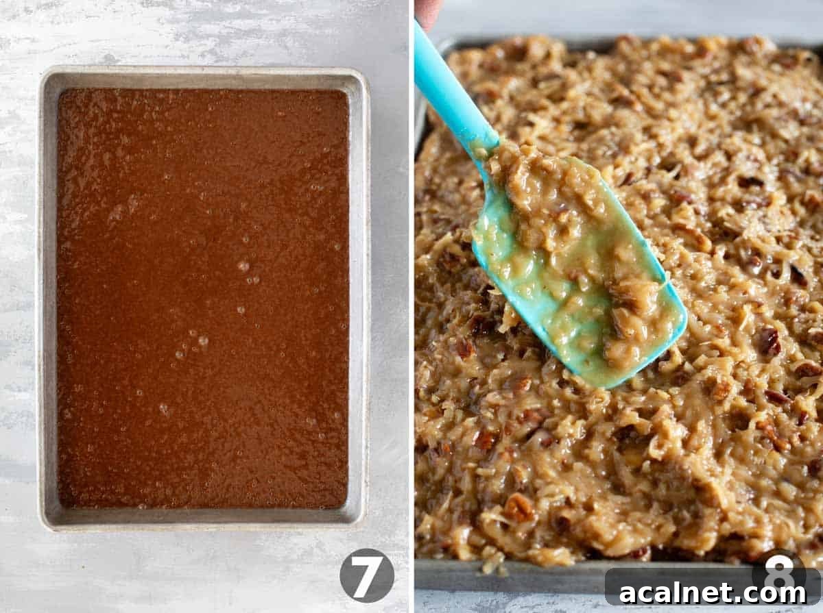 German chocolate cake batter in a cake pan, and adding coconut pecan frosting to the top of the cake.