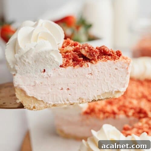 A slice of strawberry cheesecake being lifted with a cake server.