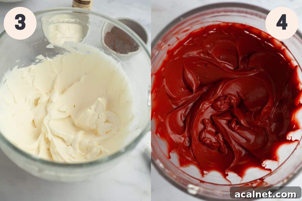 Steps 3 and 4 in the red velvet Oreo cheesecake process.