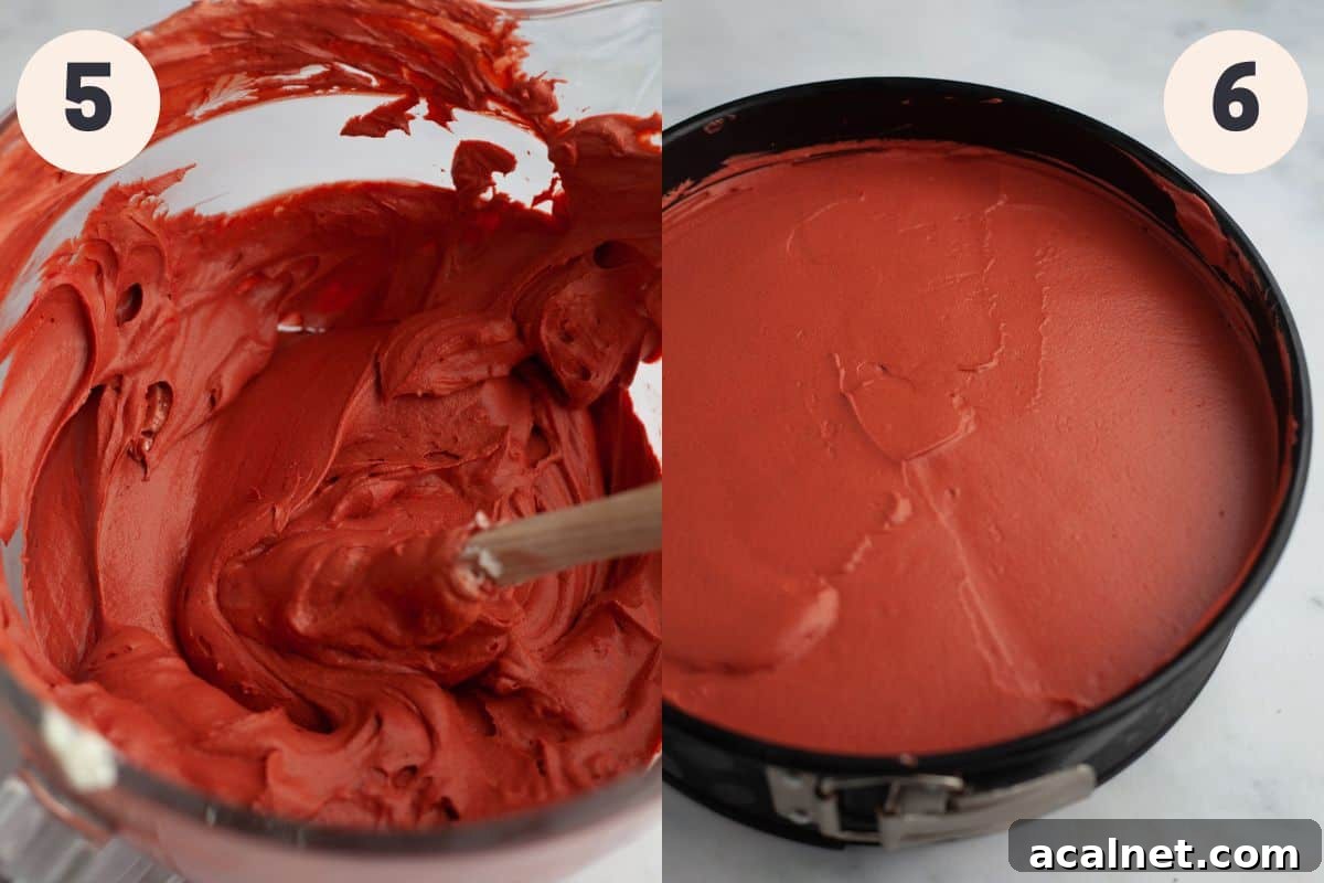 Steps 5 and 6 in the red velvet Oreo cheesecake process.