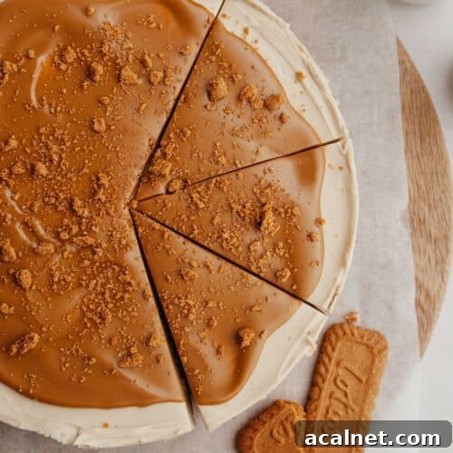 A biscoff cheesecake with 3 slices cut.