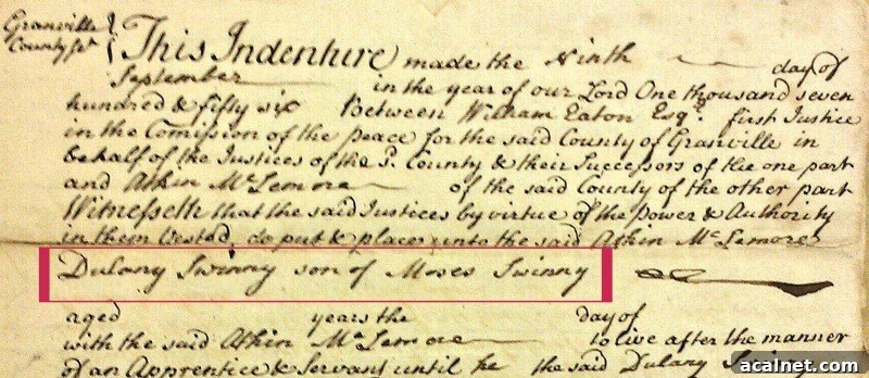 1750'ish apprentice bond for  Dulaney Sweeney, son of Moses Swinny