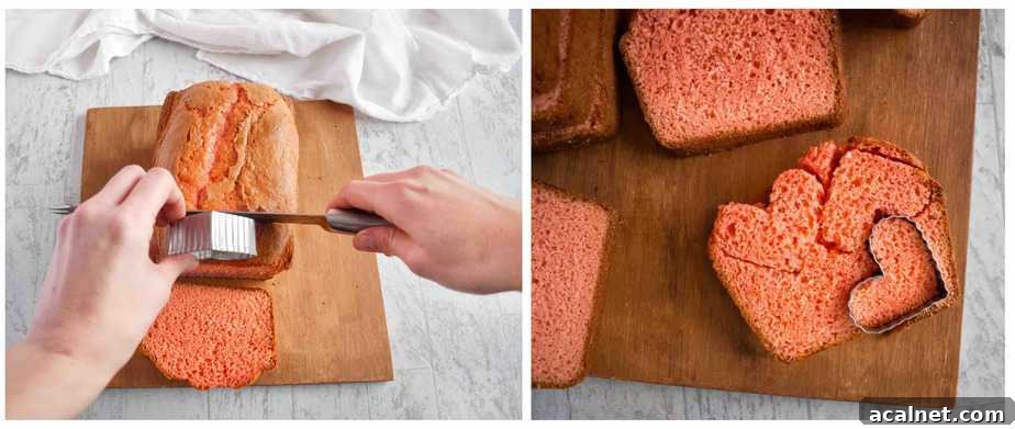 two images showing how to slice cake and cut out hearts