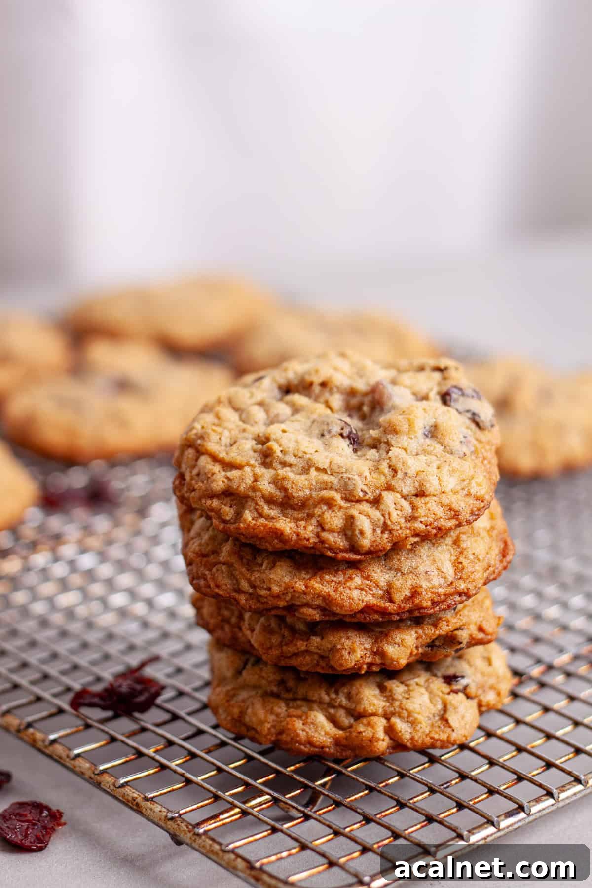 a stack of cherry oatmeal cookies on a wire rack.