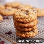 A stack of oatmeal cherry cookies on a wire rack cooling.