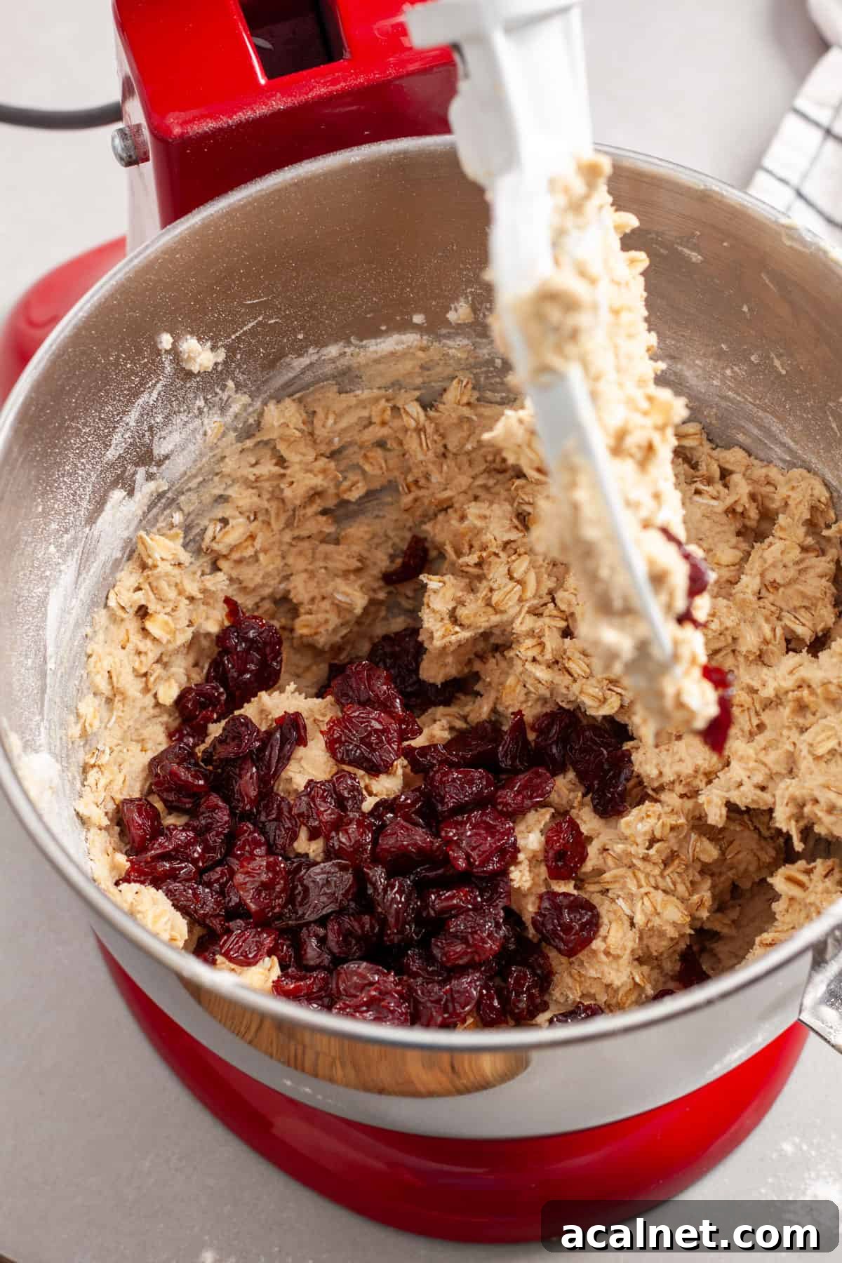 Dried cherries getting added to a stand mixer with oatmeal cookie batter.